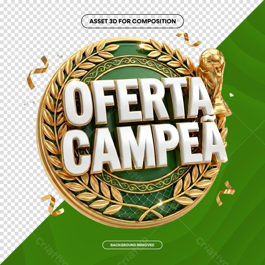 Selo 3D Oferta Campeã Metalizado Dourado Verde PNG Transparente