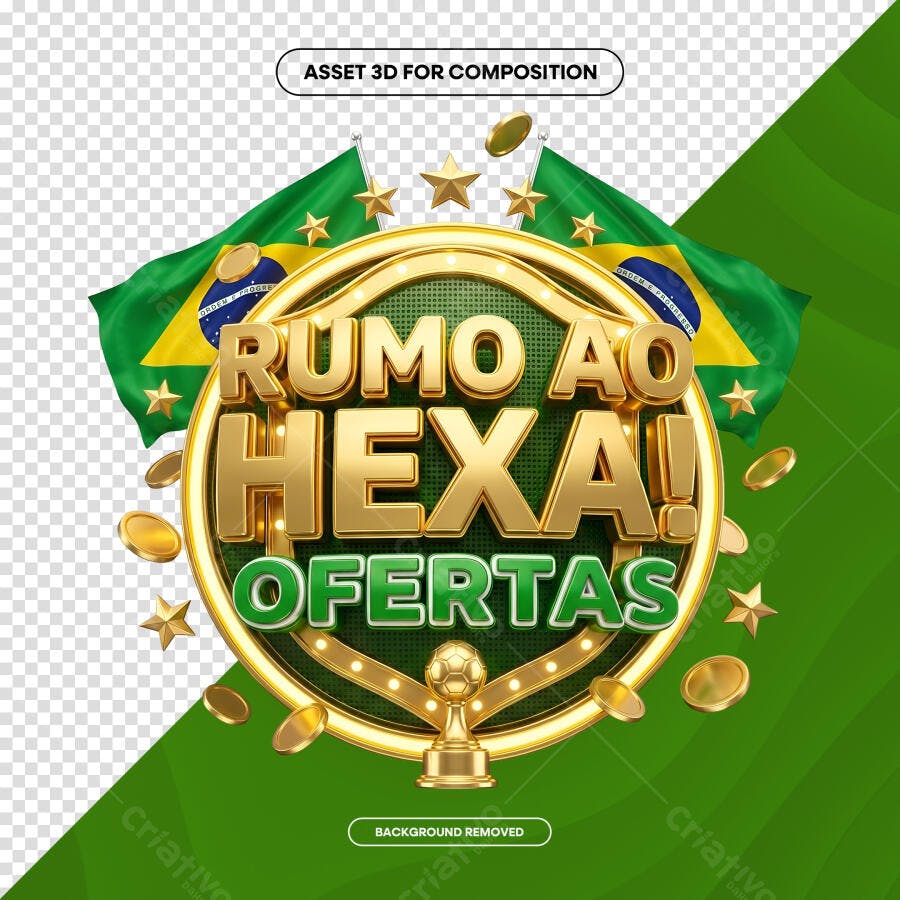 Selo 3D Rumo ao Hexa Ofertas Dourado e Verde PNG Transparente