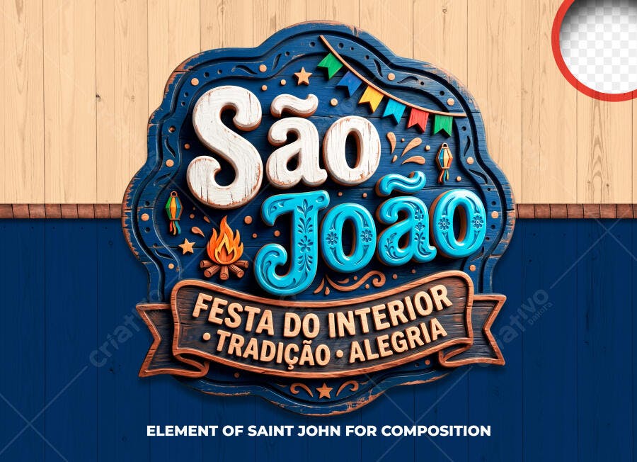 Selo 3D São João Festa do Interior Azul e Marrom PNG Transparente