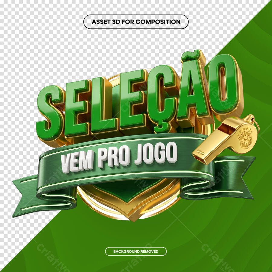 Selo 3D Seleção Vem Pro Jogo Verde Dourado PNG Transparente