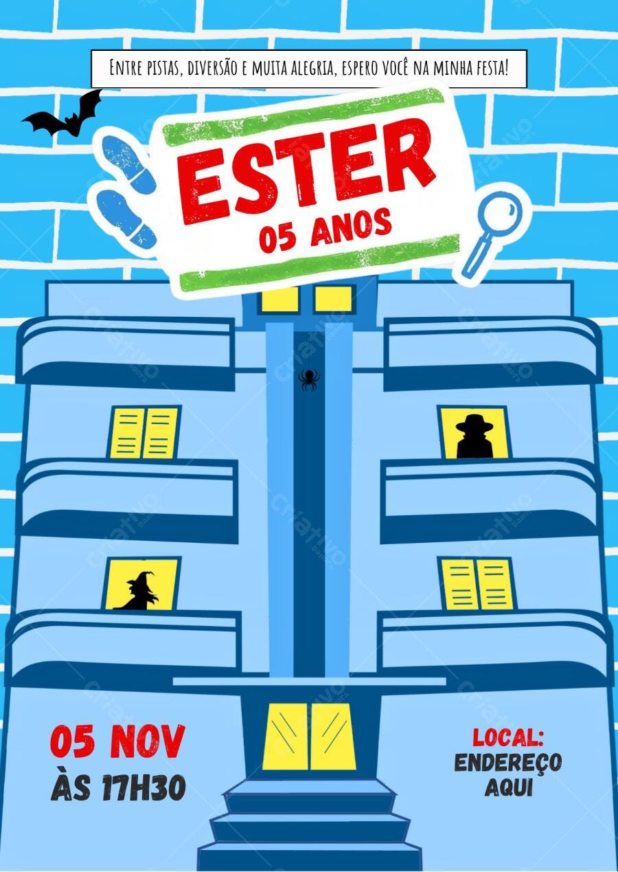 Convite Aniversário Detetive Mistério 5 Anos Editável