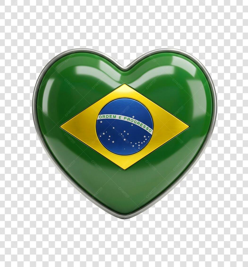 Elemento 3D Coração Bandeira Brasil PNG Fundo Transparente