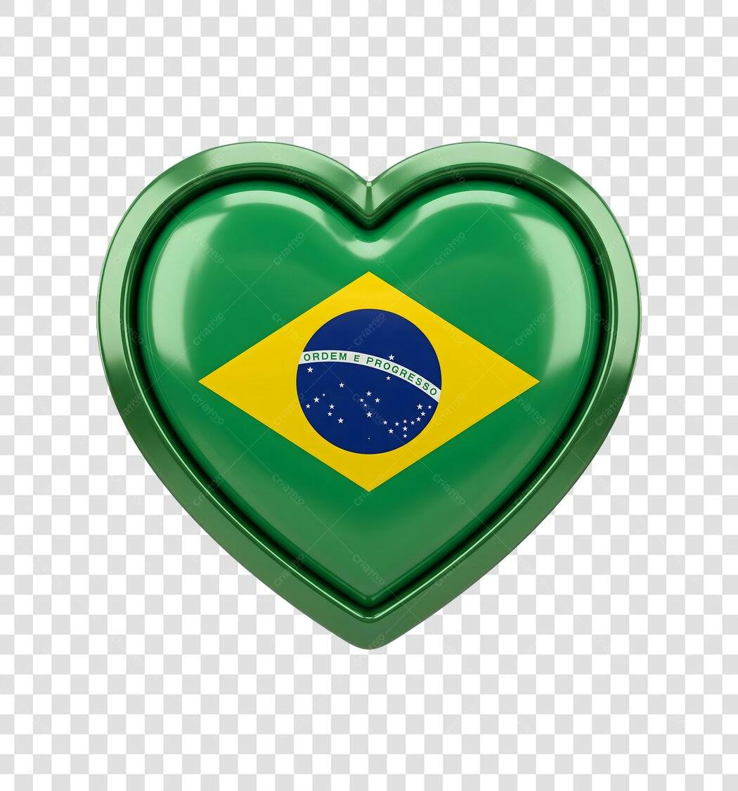 Elemento 3D Coração Bandeira Brasil Verde Amarelo PNG Fundo Transparente