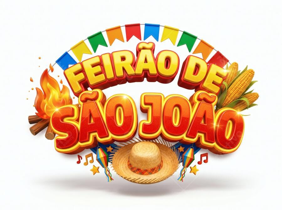 Feirão de São João Logo 3D Fogueira Milho Chapéu Palha
