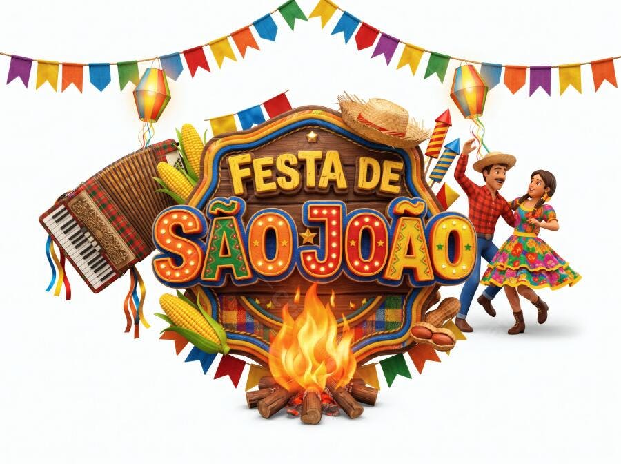 Festa de São João Ilustração 3D Personagens Fogueira Balões