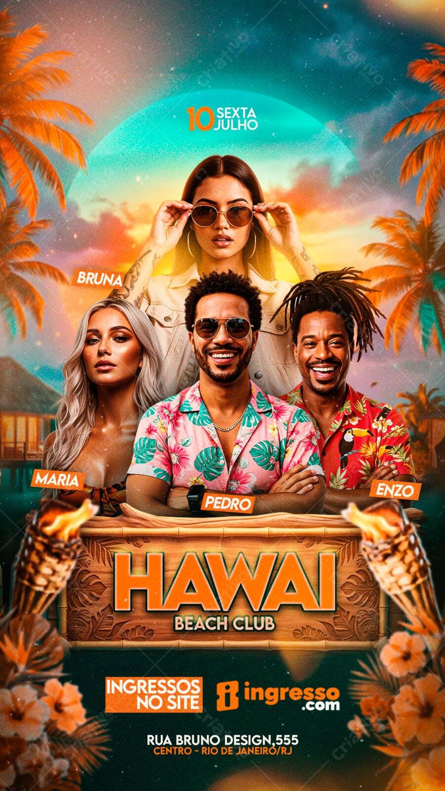 Flyer Festa Hawái Beach Club Julho PSD Editável