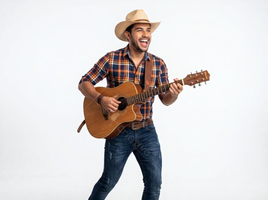 Foto Cantor Sertanejo Tocando Violão Chapéu Caipira Estúdio