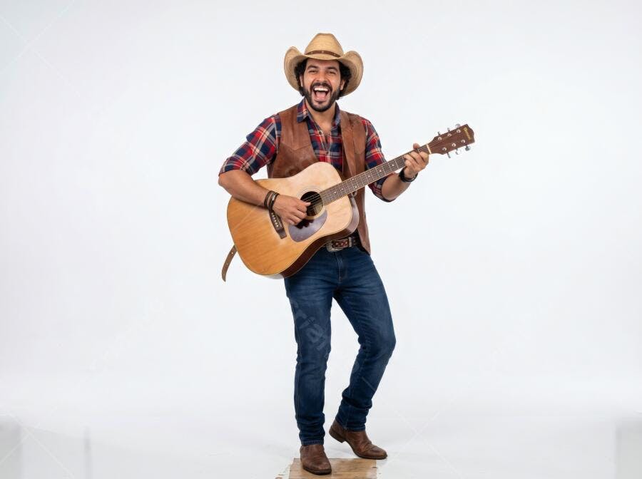 Foto Cantor Sertanejo Tocando Violão Chapéu Caubói Estúdio