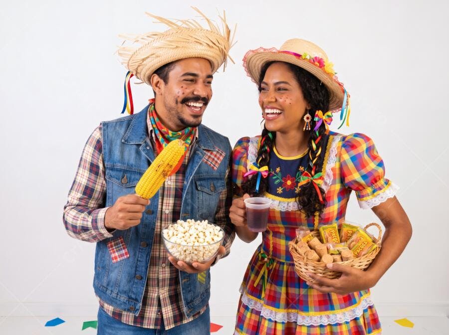 Foto Casal Alegre Festa Junina Roupas Típicas Comida