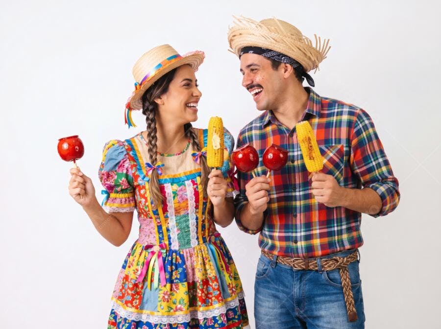 Foto Casal Caipira Sorrindo Festa Junina Milho Maçã do Amor