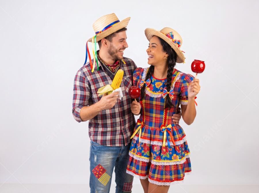 Foto Casal Caipira Sorrindo Festa Junina Milho Maçã do Amor