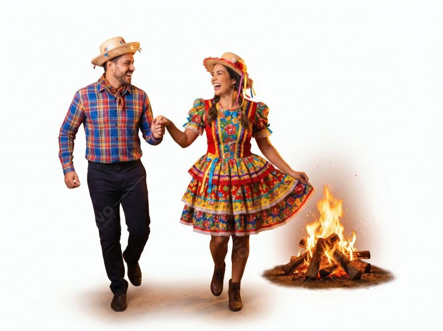 Foto Casal Dançando Festa Junina Fogueira Fundo Branco