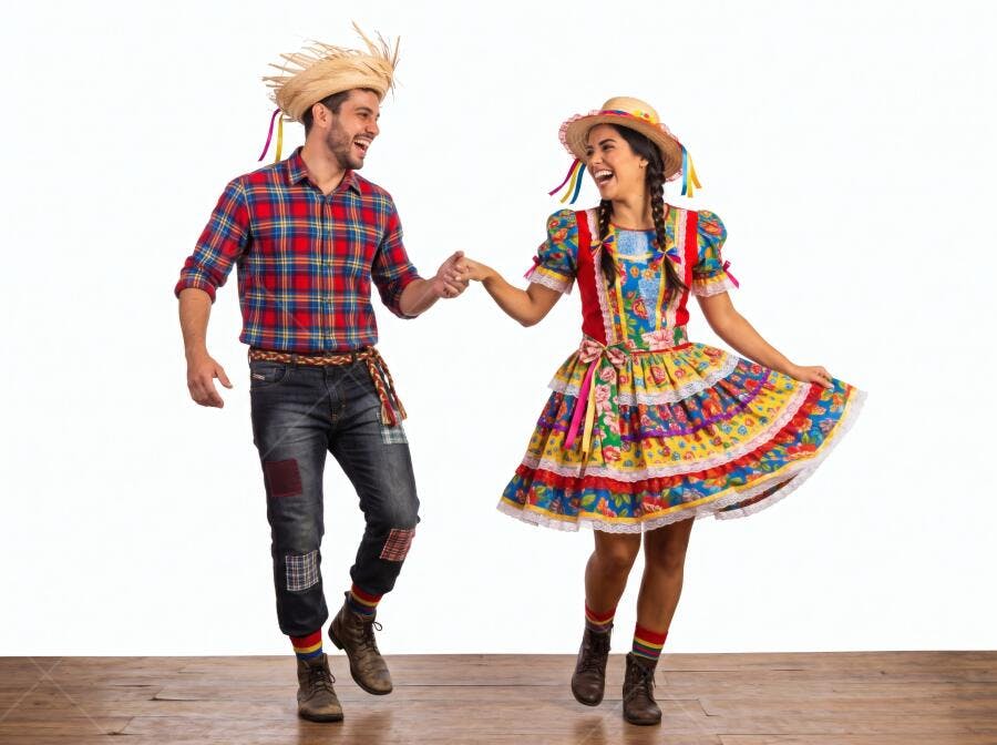Foto Casal Dançando Festa Junina Trajes Típicos Alegres