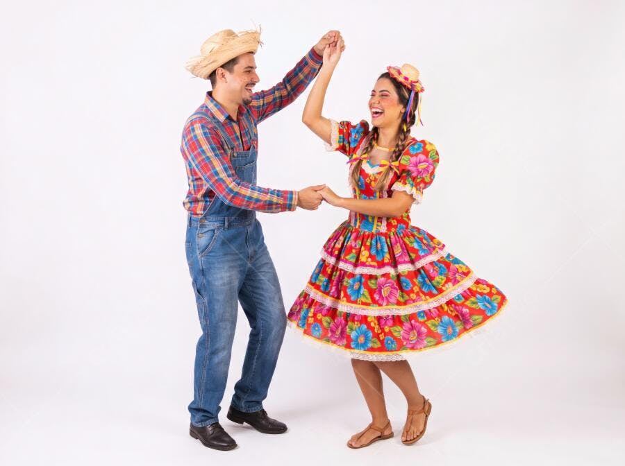 Foto Casal Dançando Festa Junina Trajes Típicos Alegres