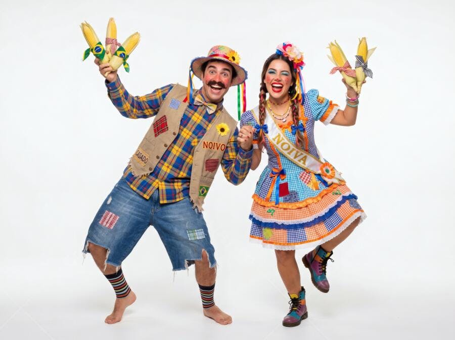 Foto Casal Festa Junina Caipira Fantasiado Milho Sorrindo