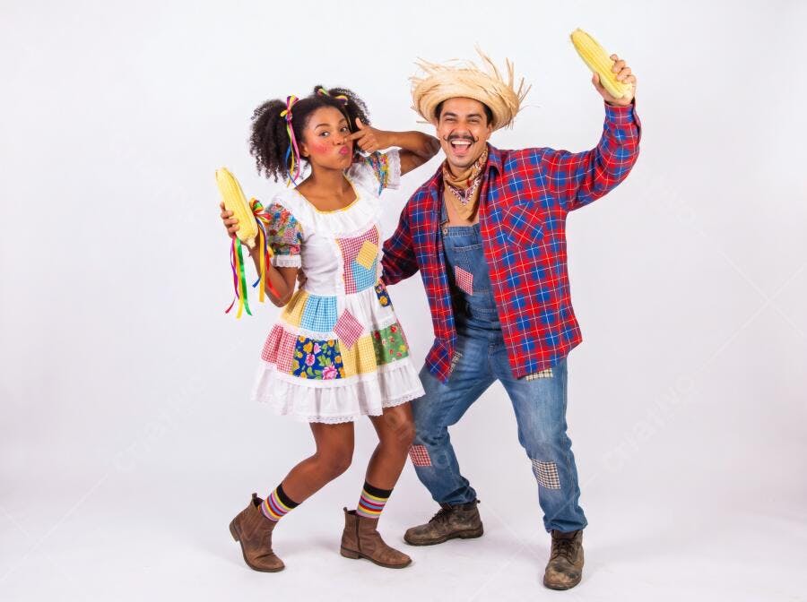 Foto Casal Festa Junina Caipira Milho Fundo Branco Estúdio