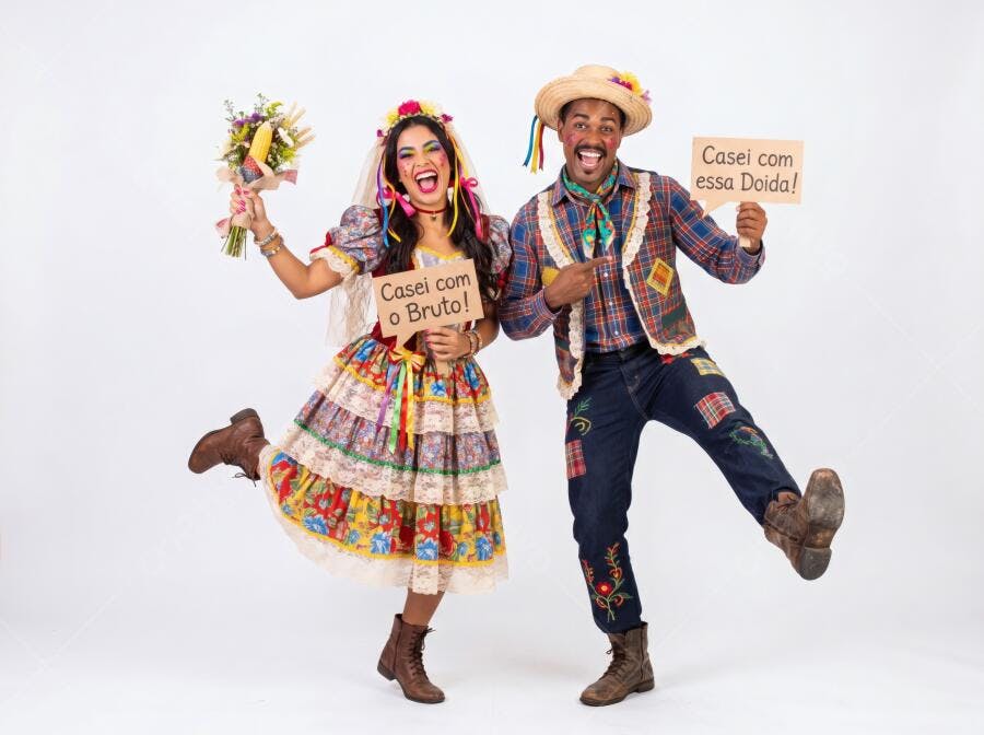 Foto Casal Festa Junina Caipira Roupas Típicas Sorrindo