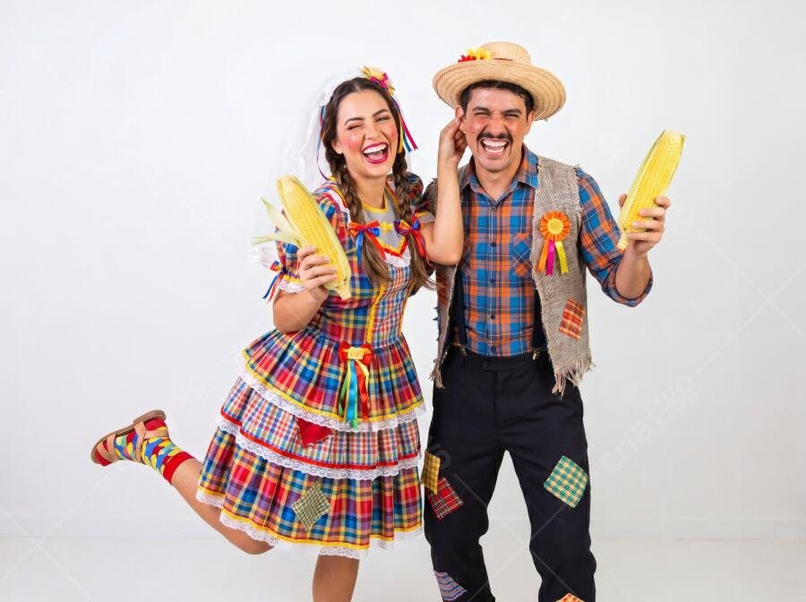 Foto Casal Festa Junina Sorrindo Milho Roupa Típica Estúdio