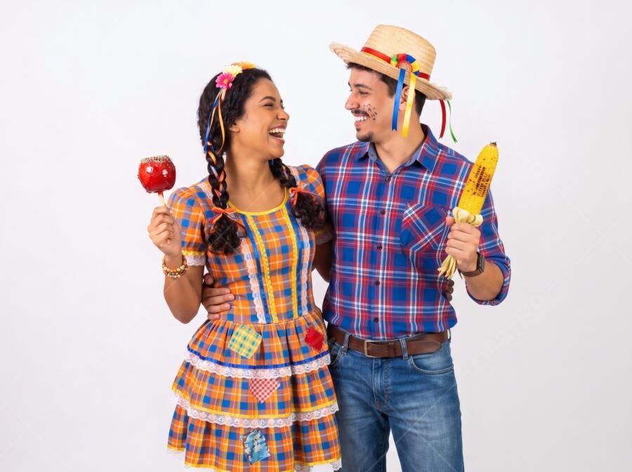Foto Casal Festa Junina Sorrindo Traje Típico Caipira