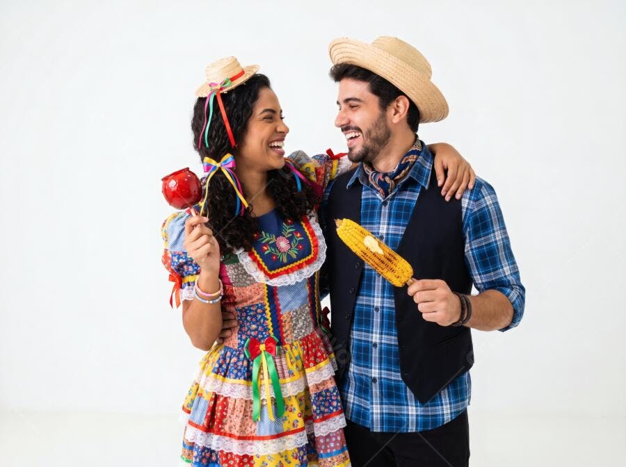 Foto Casal Festa Junina Sorrindo Trajes Típicos Milho Maçã do Amor