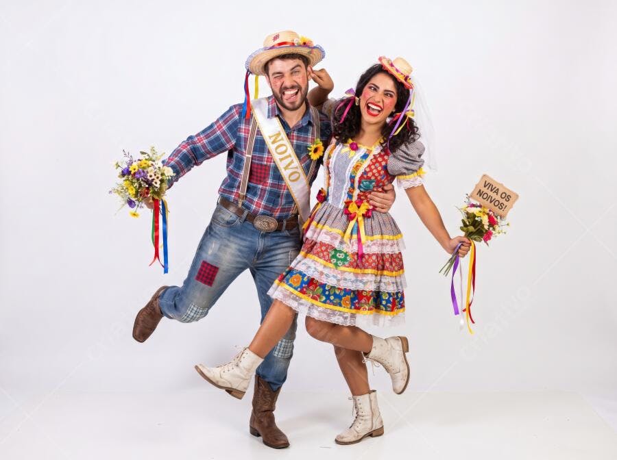 Foto Casal Noivos Caipiras Festa Junina Sorrindo Estúdio