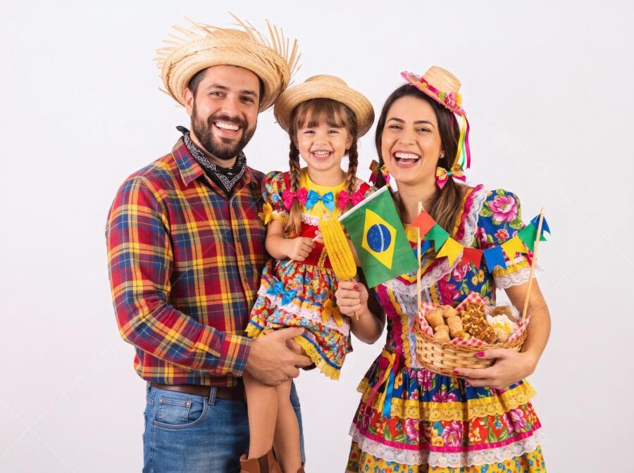 Foto Família Feliz Festa Junina São João Bandeira Brasil