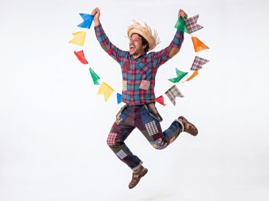 Foto Homem Caipira Fantasiado Festa Junina Pulando Alegre