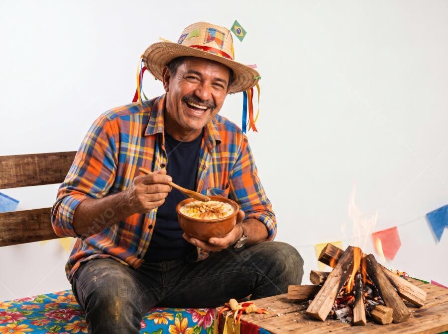 Foto Homem Caipira Feliz Comendo Canjica Festa Junina