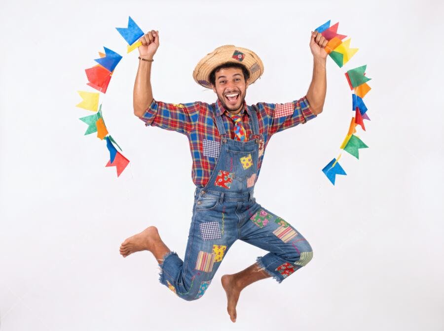 Foto Homem Caipira Pulando Festa Junina Bandeirinhas Coloridas
