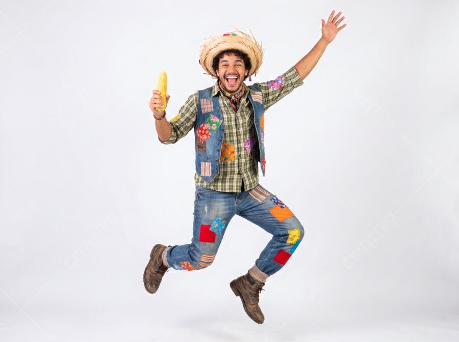 Foto Homem Caipira Pulando Festa Junina Milho
