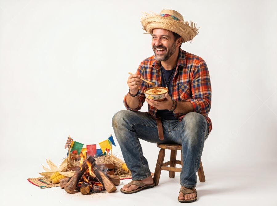 Foto Homem Caipira Sorrindo Comendo Festa Junina Fogueira
