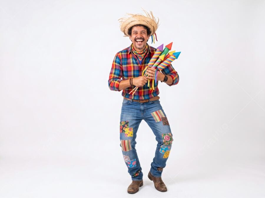 Foto Homem Caipira Sorrindo Festa Junina Fogos Artifício