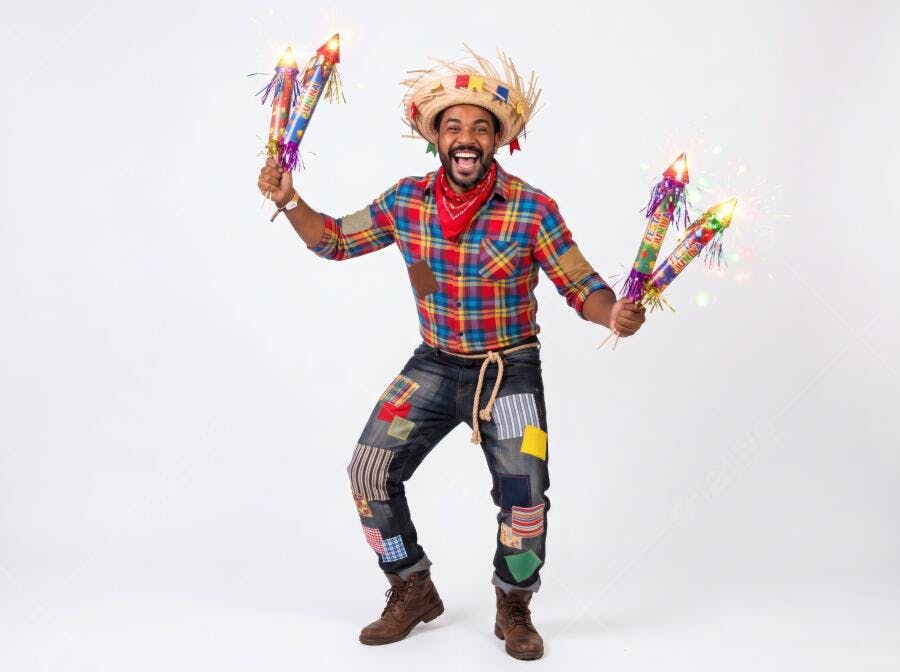 Foto Homem Negro Caipira Celebrando Festa Junina Foguetes
