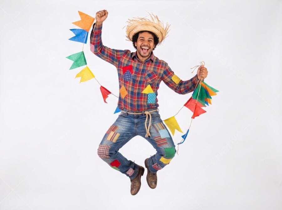 Foto Homem Negro Caipira Pulando Festa Junina Bandeirinhas