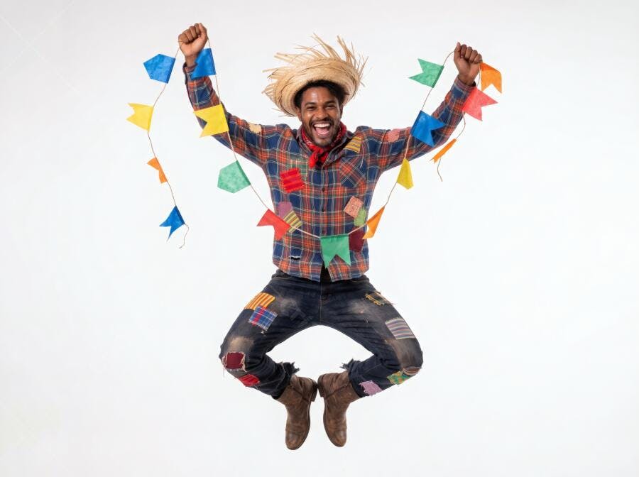 Foto Homem Negro Caipira Pulando Festa Junina Bandeirinhas