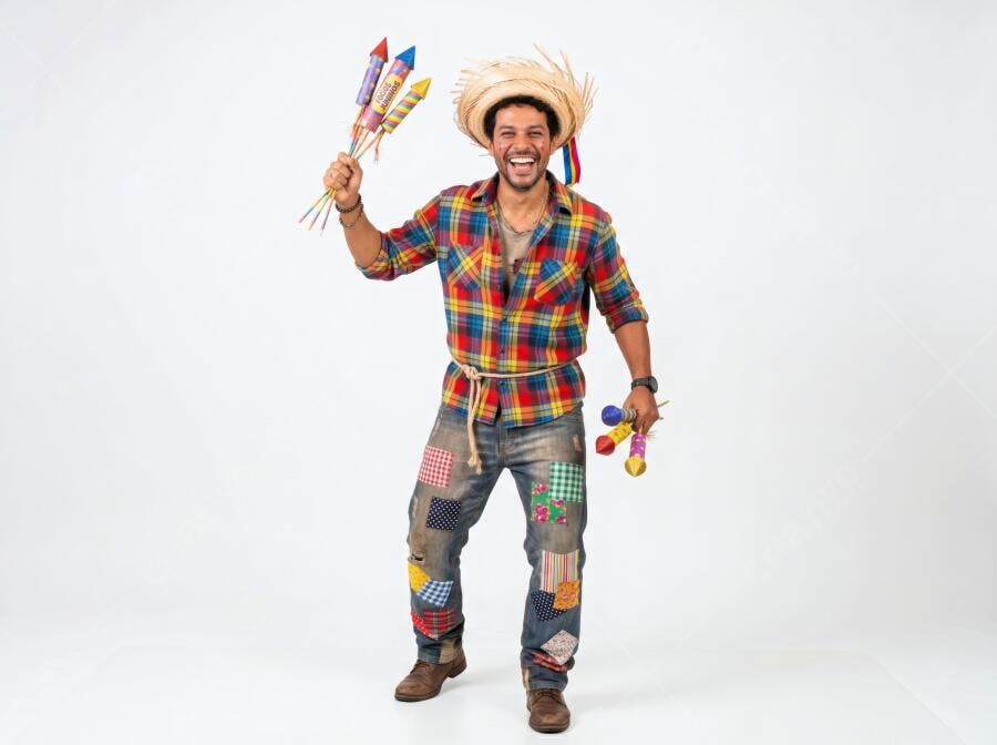 Foto Homem Sorrindo Fantasia Festa Junina Foguetes