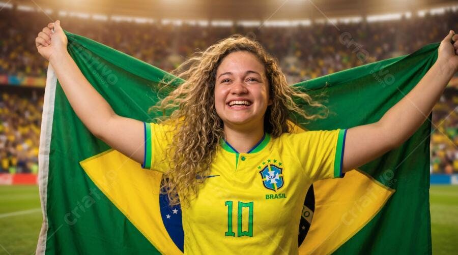 Foto Jovem Mulher Brasileira Sorrindo Bandeira Brasil Estádio Futebol