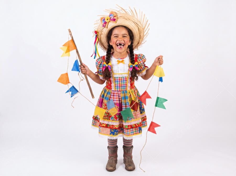 Foto Menina Caipira Sorrindo Festa Junina Brincando Bandeirinhas