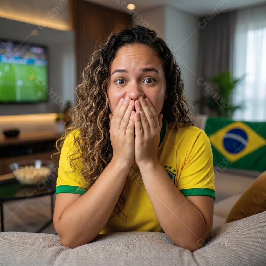 Foto Mulher Brasileira Chocada Assistindo Futebol Copa do Mundo