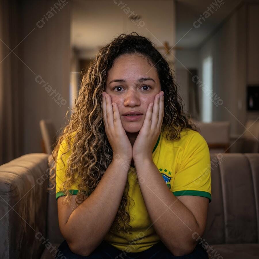 Foto Mulher Brasileira Chocada Assistindo Jogo Futebol Copa
