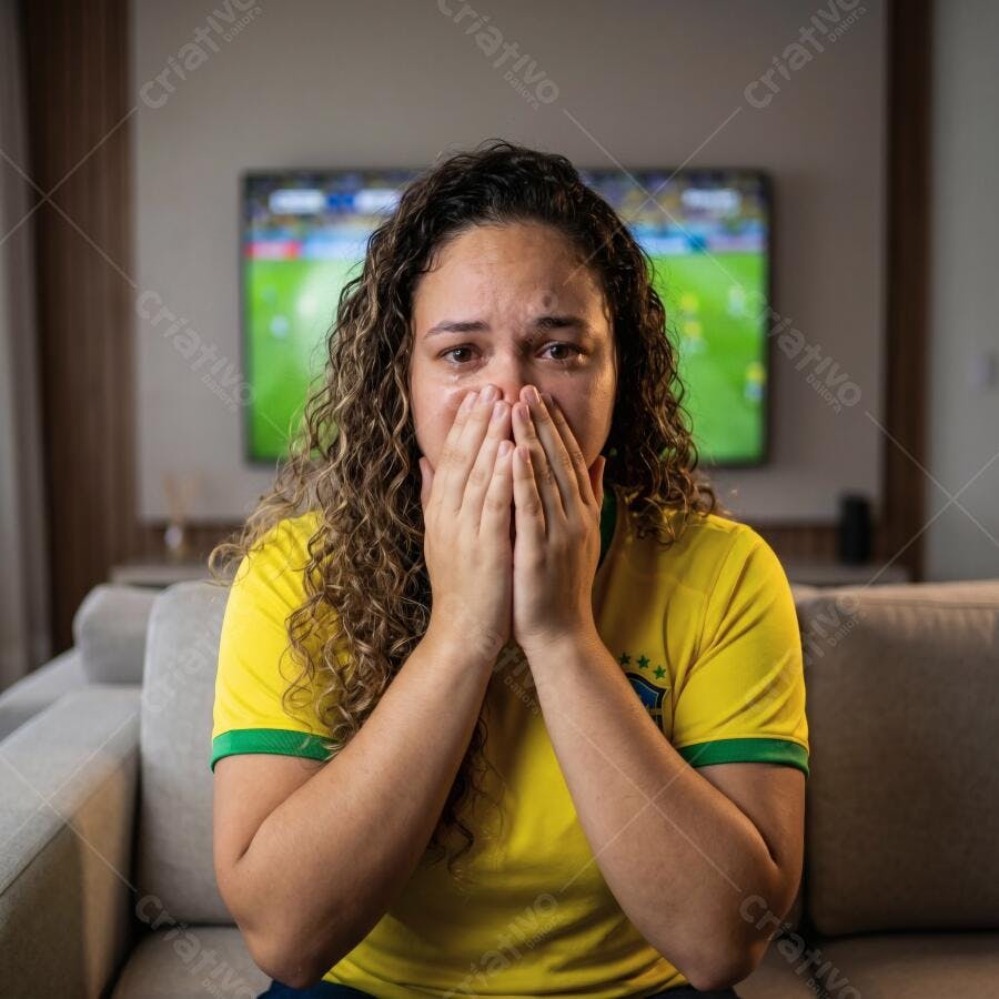 Foto Mulher Brasileira Chorando Assistindo Jogo Futebol TV