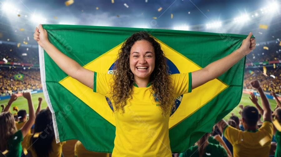 Foto Mulher Brasileira Feliz Bandeira Brasil Estádio Futebol