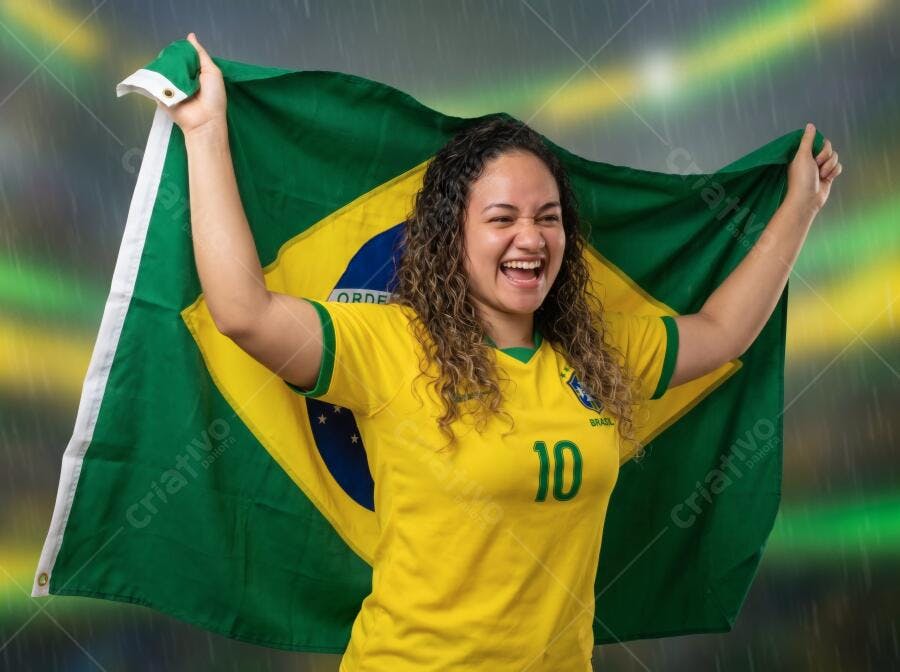 Foto Mulher Brasileira Feliz Celebrando com Bandeira do Brasil