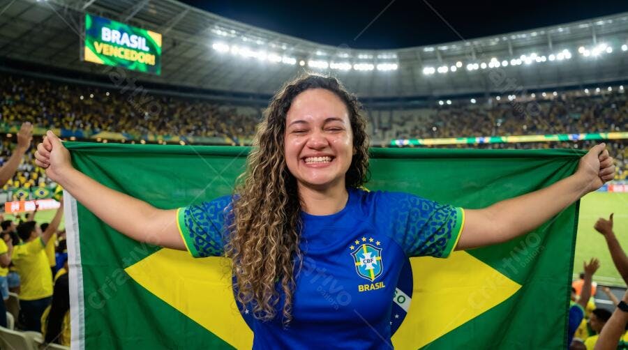 Foto Mulher Brasileira Feliz Torcendo Bandeira Brasil Estádio