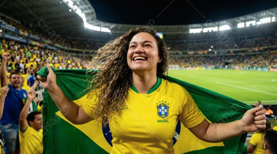 Foto Mulher Brasileira Feliz Torcendo Bandeira Estádio Futebol