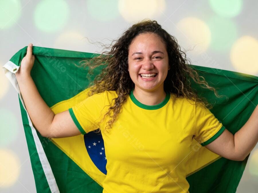 Foto Mulher Brasileira Sorrindo Bandeira do Brasil Fundo Bokeh