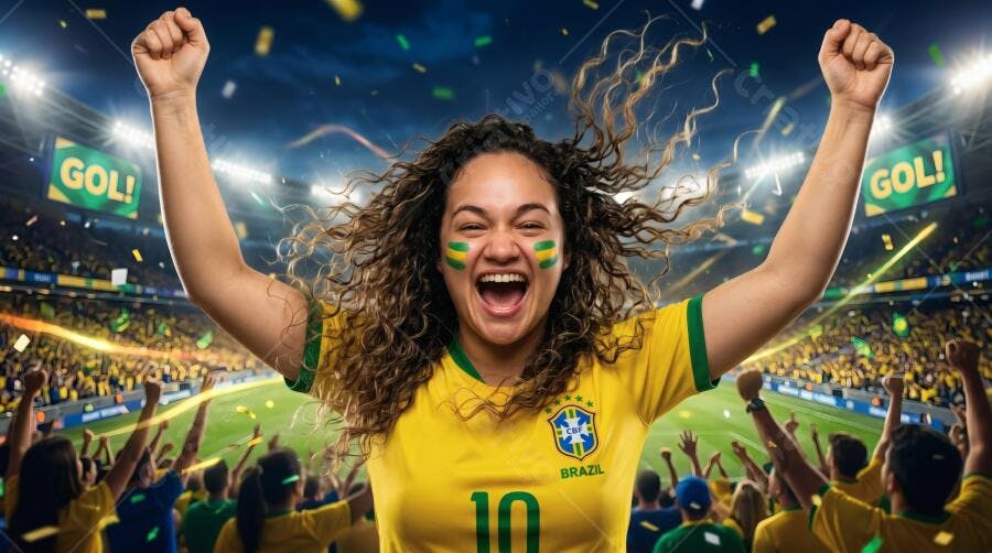 Foto Mulher Brasileira Torcedora Celebrando Gol Estádio Futebol