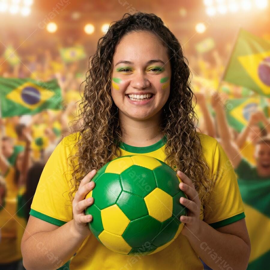 Foto Mulher Brasileira Torcedora Futebol Bola Amarela Verde