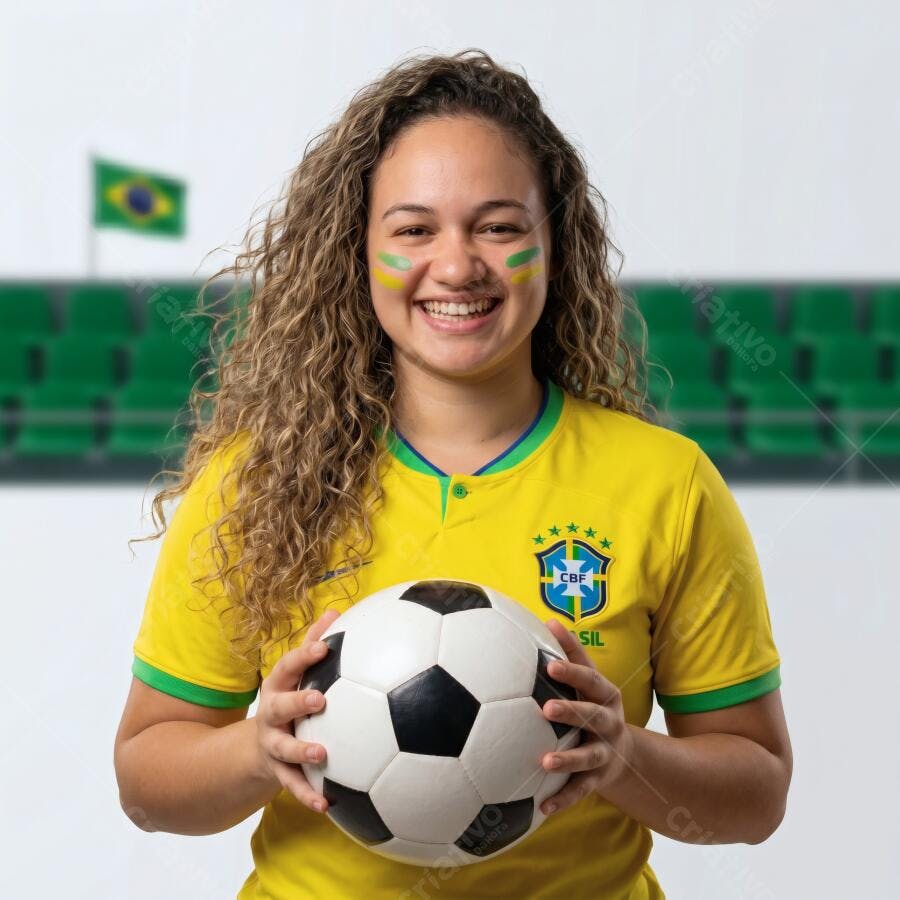 Foto Mulher Brasileira Torcedora Sorrindo Camisa Seleção Futebol