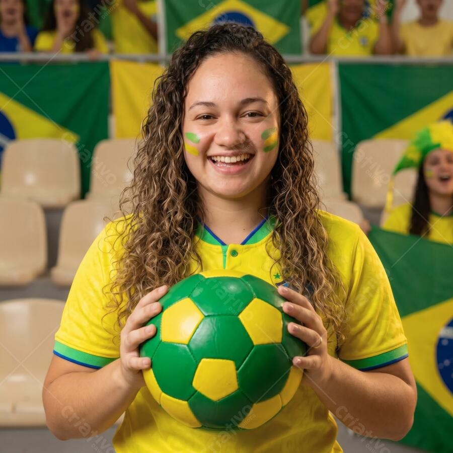 Foto Mulher Brasileira Torcedora Sorrindo Copa do Mundo Estádio
